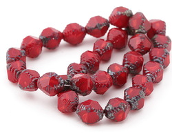 Czech Glass Cherry Picasso Etched Bicone 10x8mm