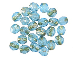 Czech Glass Textured Aquamarine w/ Gold Flecks Fire Polished Round 6mm
