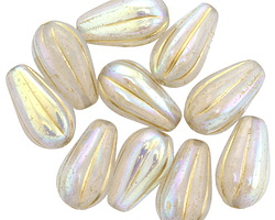 Czech Glass White Opal AB w/ Gold Luster Melon Teardrop 15x8mm