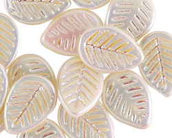 Czech Glass Matte White AB w/ Gold Carved Leaf Drop 12x17mm