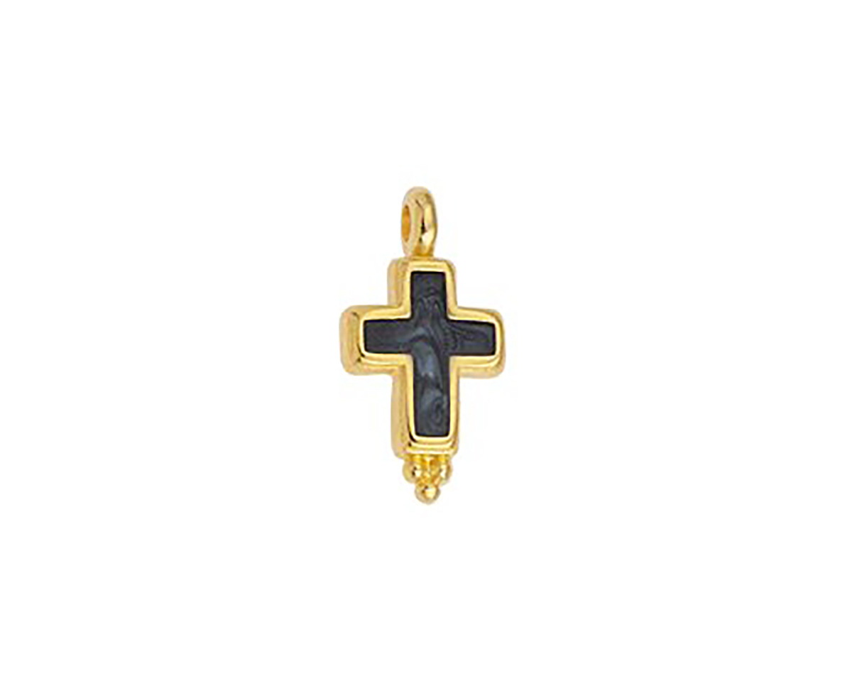 24K Gold (plated) Charcoal Pearl Enamel Cross Focal 9x17mm
