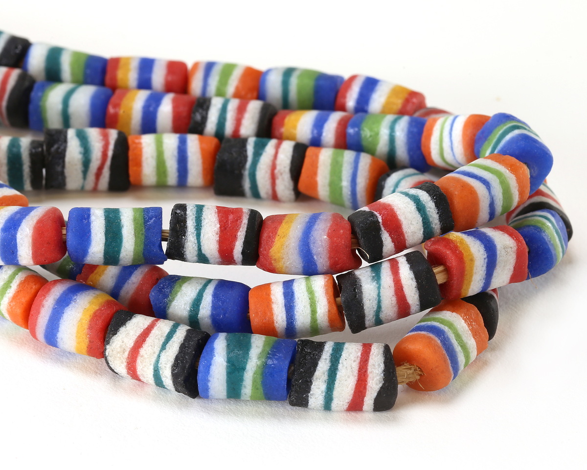 African Glass (Krobo) Multi Color Stripes Powder Glass 4-Sided Beads 15-17x11mm