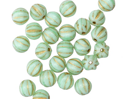 Czech Glass Mint Green w/ Gold Melon Round 6mm