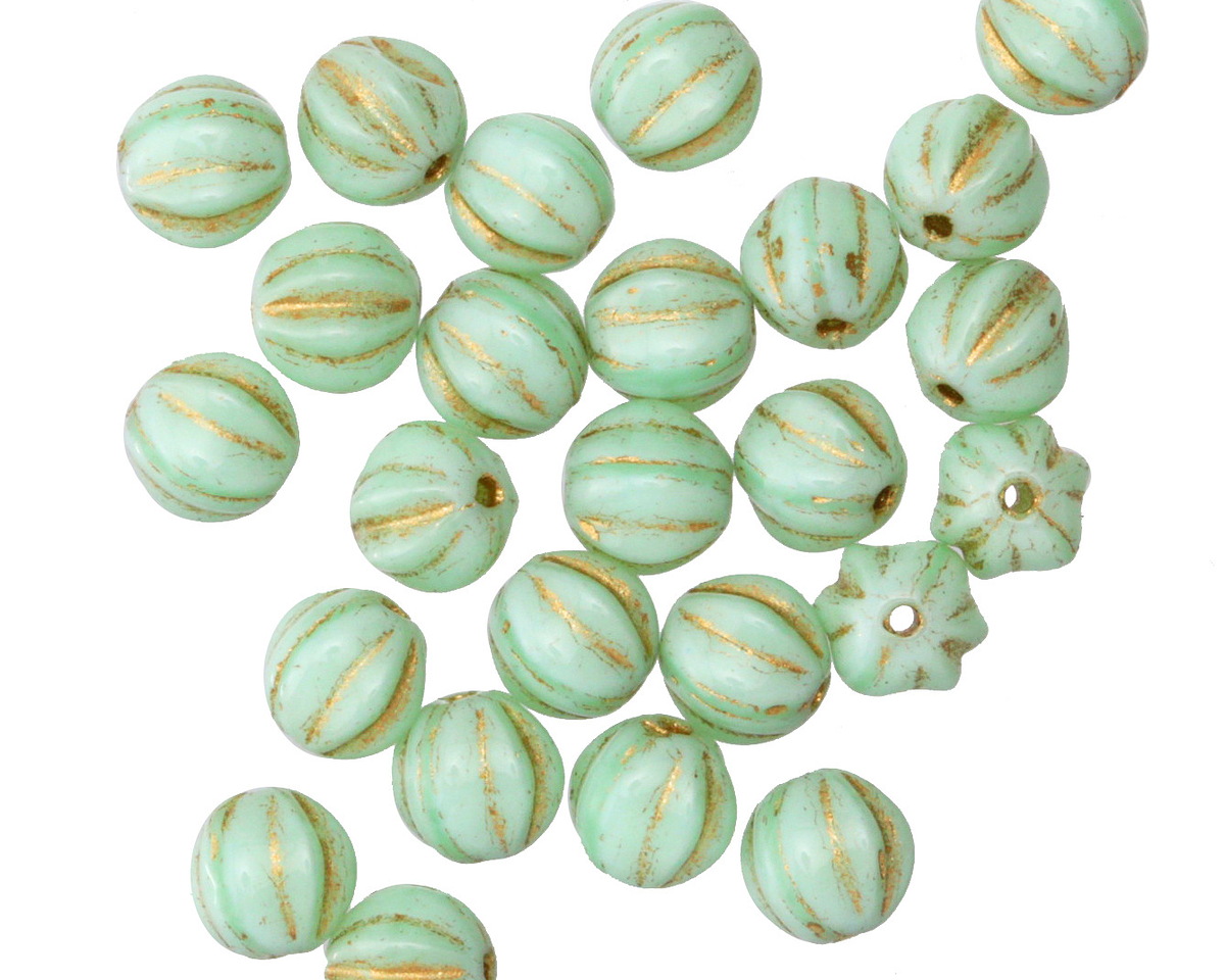 Czech Glass Mint Green w/ Gold Melon Round 6mm