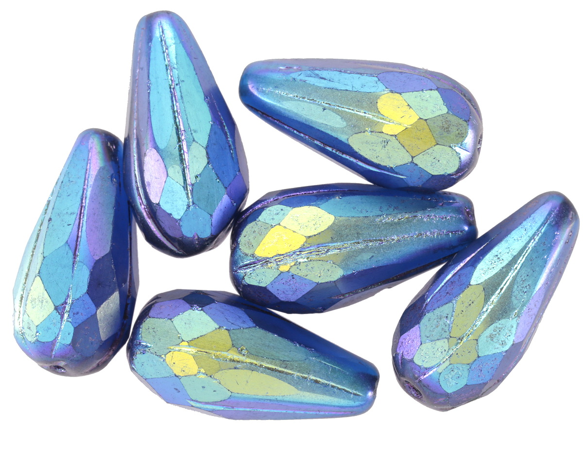 Czech Glass Matte Sapphire AB w/ Purple Faceted Melon Teardrop 23x11mm