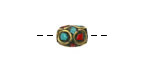 Nepalese Brass Barrel Bead w/ Coral & Turquoise Mosaic 10-11x7-8mm