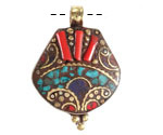 Nepalese Brass w/ Turquoise, Lapis & Coral Mosaic Pendant 29x41mm