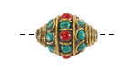 Nepalese Brass Bands w/ Turquoise & Coral Alternating Dots & Turquoise Bands Large Rice Bead 21x17mm