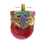 Nepalese Coral Shell & Brass w/ Turquoise, Lapis, & Coral Pendant 28-30x40-42mm