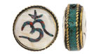 Nepalese Brass w/ Turquoise & Coral Mosaic Om in White Shell w/ Turquoise Band Coin Bead 19-21mm