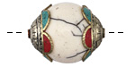 Nepalese White Shell & White Brass Bead w/ Coral & Turquoise Scallops 27-28x21-22mm