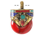 Nepalese Red Magnesite & Brass w/ Turquoise, Lapis & Coral Pendant 27x39mm