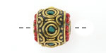 Nepalese Brass w/ Turquoise & Small Coral Dots Large Barrel Bead 15x16mm