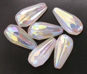 Czech Glass White w/ Rainbow AB & Metallic Beige Wash Faceted Melon Teardrop 23x11mm
