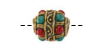 Nepalese Coral & Turquoise Dots w/ Half Circle & Dot Band Barrel 17-18x15mm