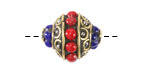 Nepalese Brass w/ Bands of Coral & Lapis Dots Rice 24-25x17mm