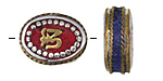 Nepalese White Brass & Brass "Om" Oval Coin Bead w/ Coral & Lapis 20-22x16-18mm