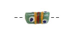 African Glass (Krobo) Green Powder-Cast Hand-Painted Blue Dots & Yellow/Red Striped Tube 15x9mm