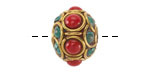 Nepalese Brass Coral Dots w/ Circles w/ Half Circles & Turquoise Rondelle 15-16x18-19mm