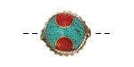 Nepalese Brass w/ Two Semi Circles in Turquoise & Coral Coin 18x16mm