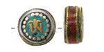 Nepalese White Brass & Brass "Om" Coin Bead w/ Turquoise & Coral 16mm